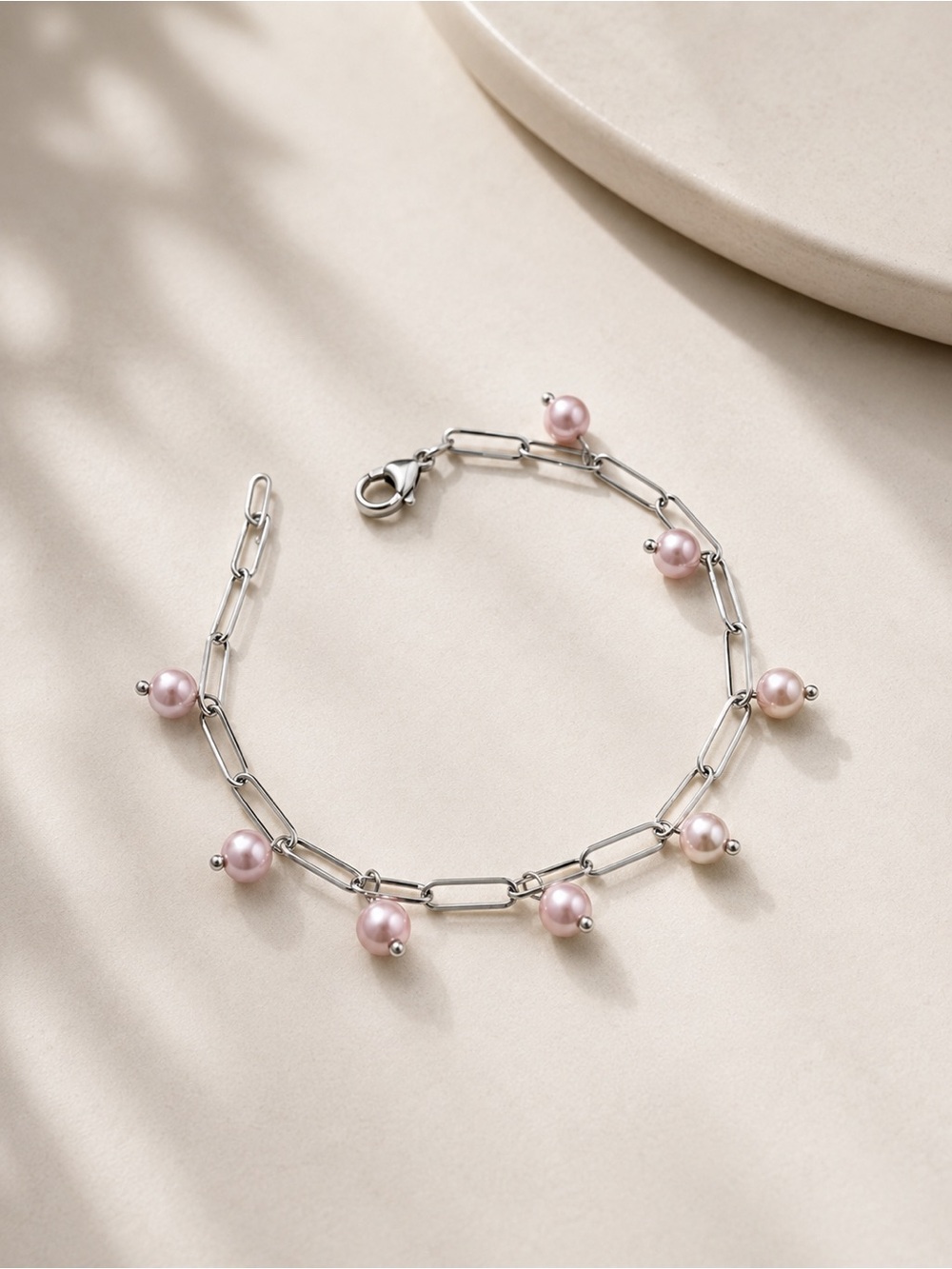 Shell Pearl Drop Paperclip Chain Bracelet | Stainless Steel Silver | Adjustable